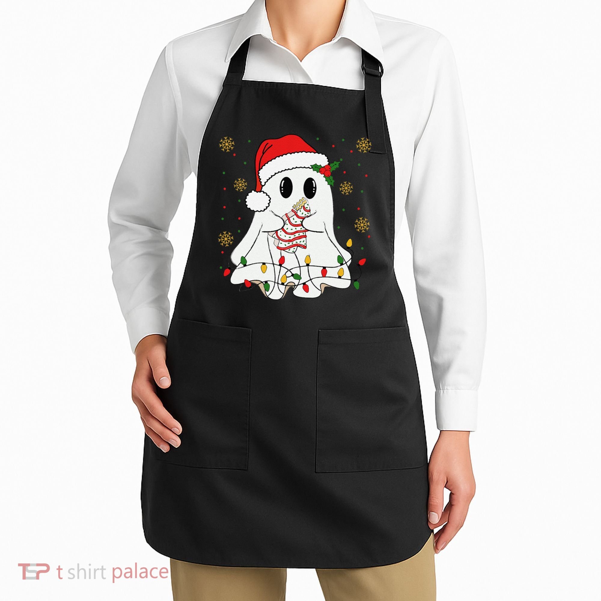 Cute Christmas Ghost Holding Tree Cake Candy Cane Xmas Light Apron