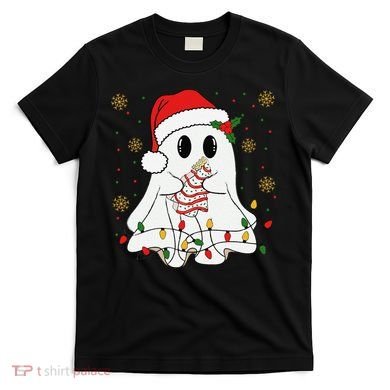 Cute Christmas Ghost Holding Tree Cake Candy Cane Xmas Light T-Shirt