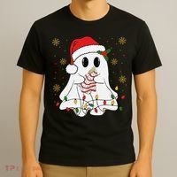 Cute Christmas Ghost Holding Tree Cake Candy Cane Xmas Light T-Shirt thumb 3