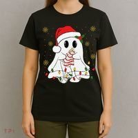 Cute Christmas Ghost Holding Tree Cake Candy Cane Xmas Light T-Shirt thumb 4