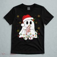 Cute Christmas Ghost Holding Tree Cake Candy Cane Xmas Light T-Shirt thumb 5