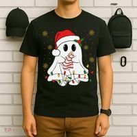 Cute Christmas Ghost Holding Tree Cake Candy Cane Xmas Light T-Shirt thumb 6