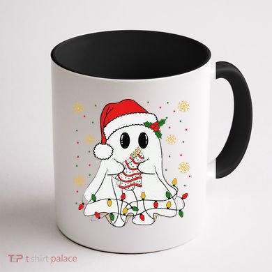 Cute Christmas Ghost Holding Tree Cake Candy Cane Xmas Light Coffee Mug back