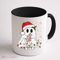 Cute Christmas Ghost Holding Tree Cake Candy Cane Xmas Light Coffee Mug thumb 1