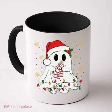 Cute Christmas Ghost Holding Tree Cake Candy Cane Xmas Light Coffee Mug