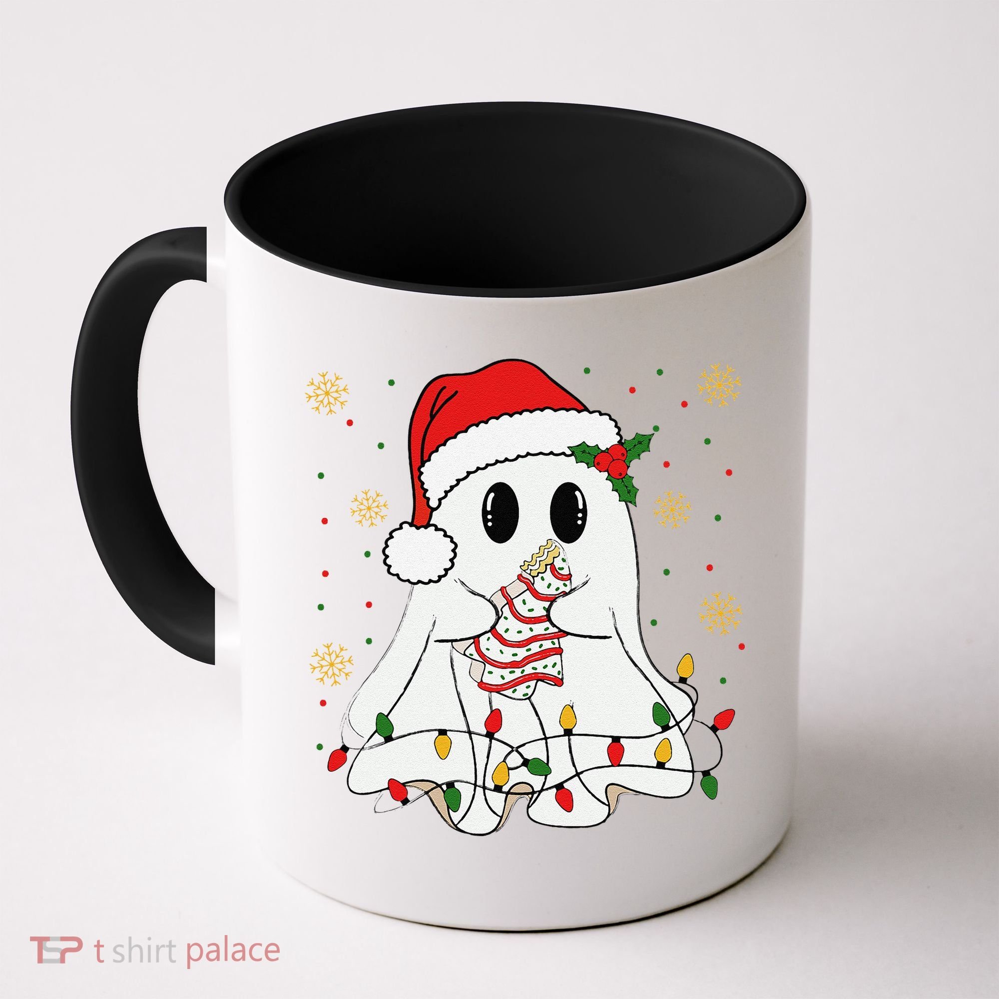 Cute Christmas Ghost Holding Tree Cake Candy Cane Xmas Light Coffee Mug