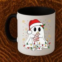 Cute Christmas Ghost Holding Tree Cake Candy Cane Xmas Light Coffee Mug thumb 2