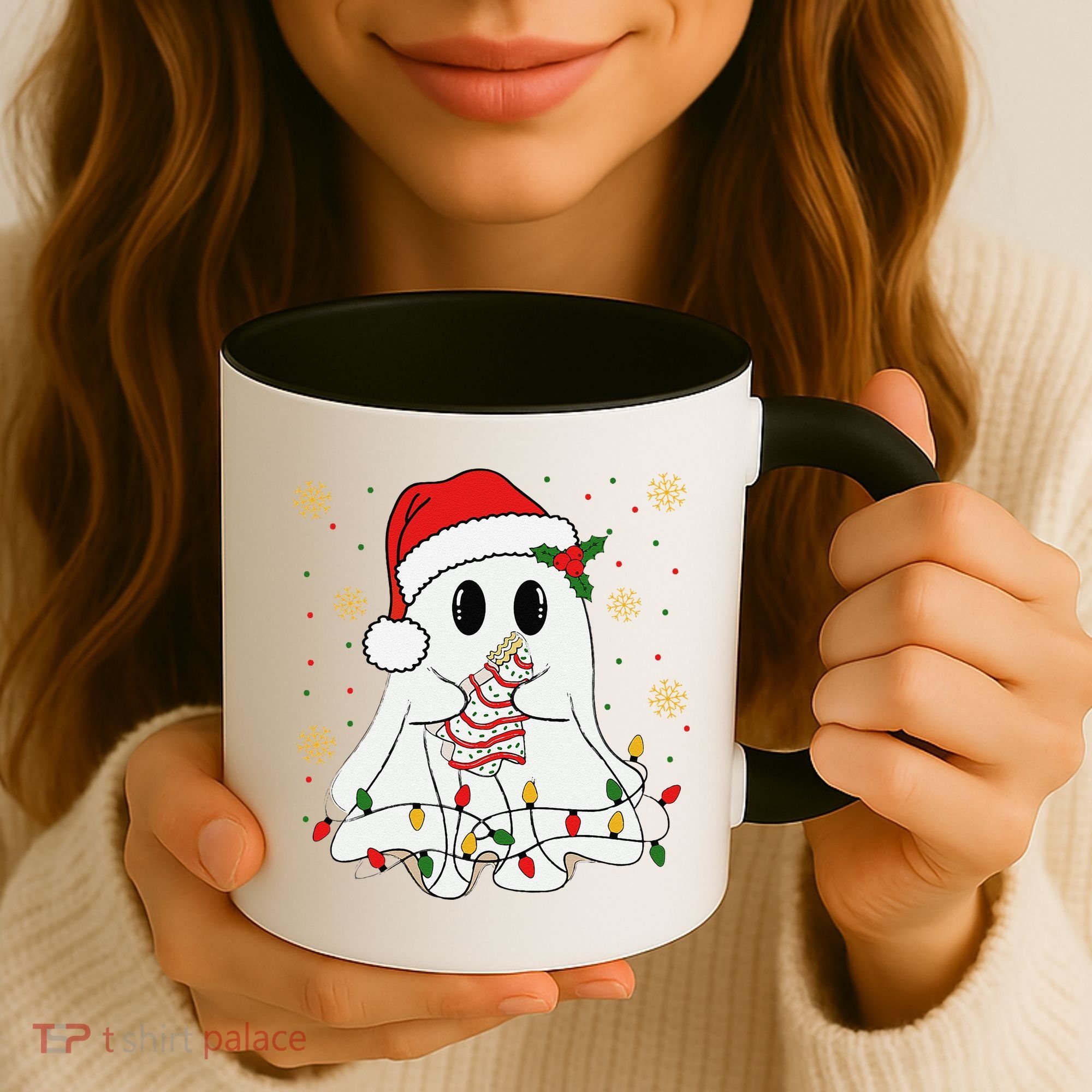 Cute Christmas Ghost Holding Tree Cake Candy Cane Xmas Light Coffee Mug