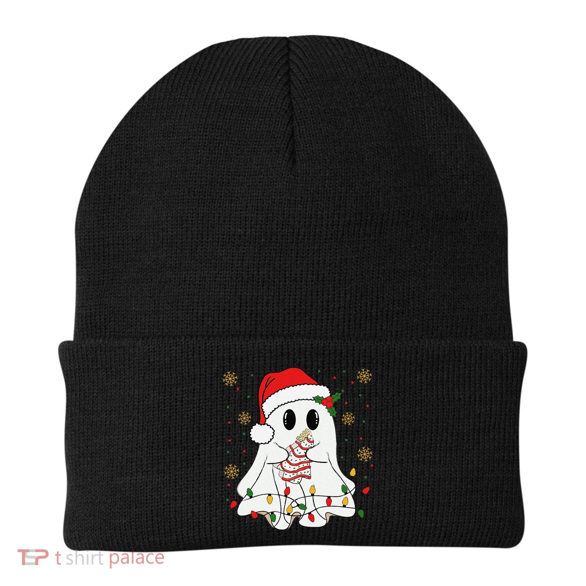Cute Christmas Ghost Holding Tree Cake Candy Cane Xmas Light Beanie