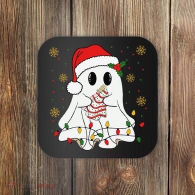 Cute Christmas Ghost Holding Tree Cake Candy Cane Xmas Light Coaster