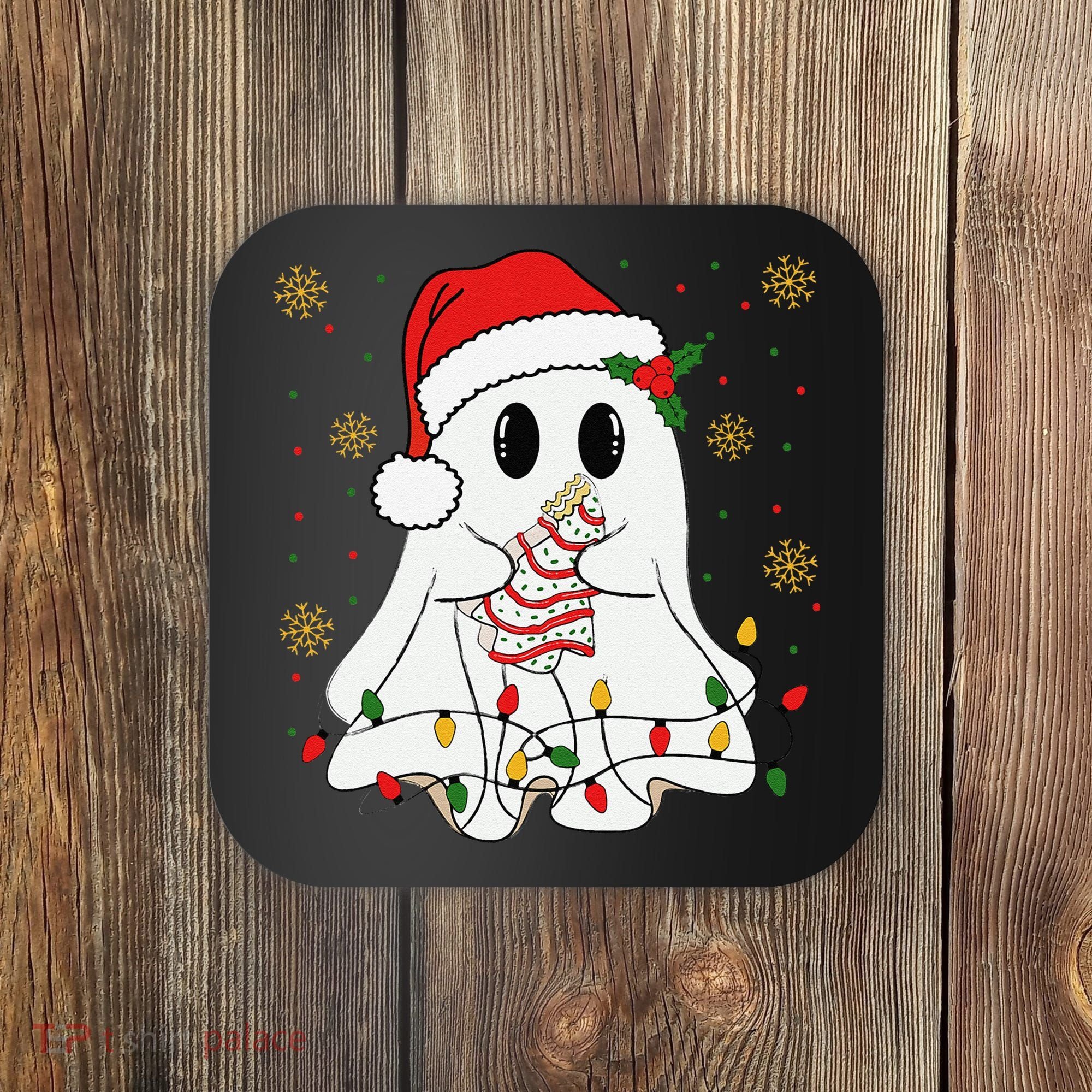Cute Christmas Ghost Holding Tree Cake Candy Cane Xmas Light Coaster
