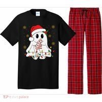 Cute Christmas Ghost Holding Tree Cake Candy Cane Xmas Light Pajama Set thumb 0