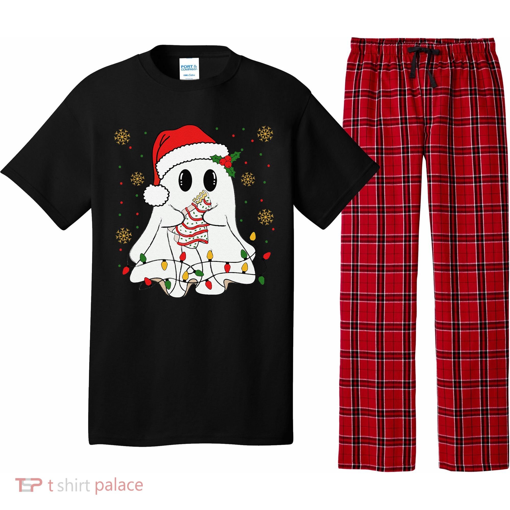 Cute Christmas Ghost Holding Tree Cake Candy Cane Xmas Light Pajama Set