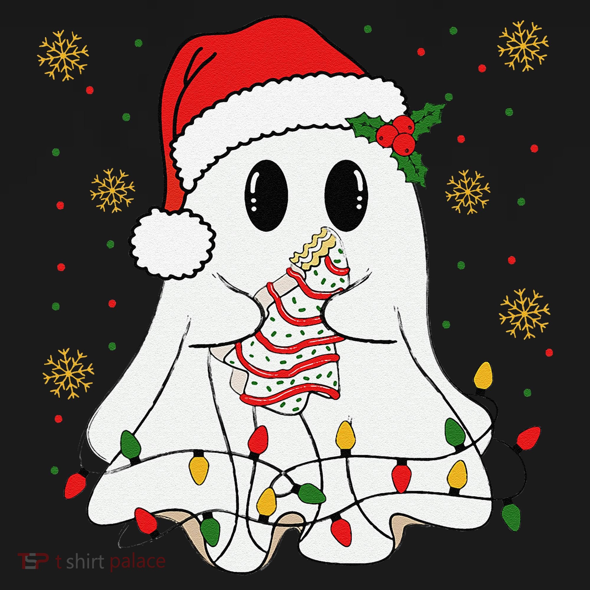 Cute Christmas Ghost Holding Tree Cake Candy Cane Xmas Light Polo