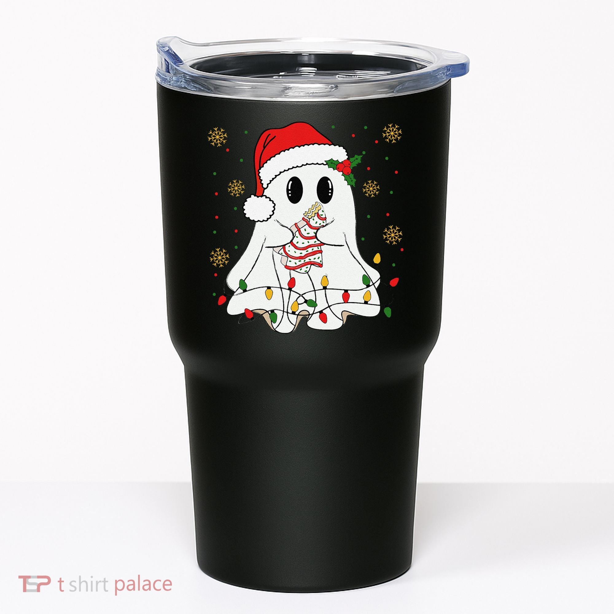 Cute Christmas Ghost Holding Tree Cake Candy Cane Xmas Light Tumbler