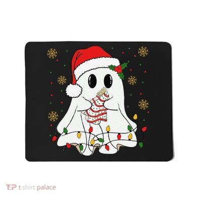 Cute Christmas Ghost Holding Tree Cake Candy Cane Xmas Light Mousepad