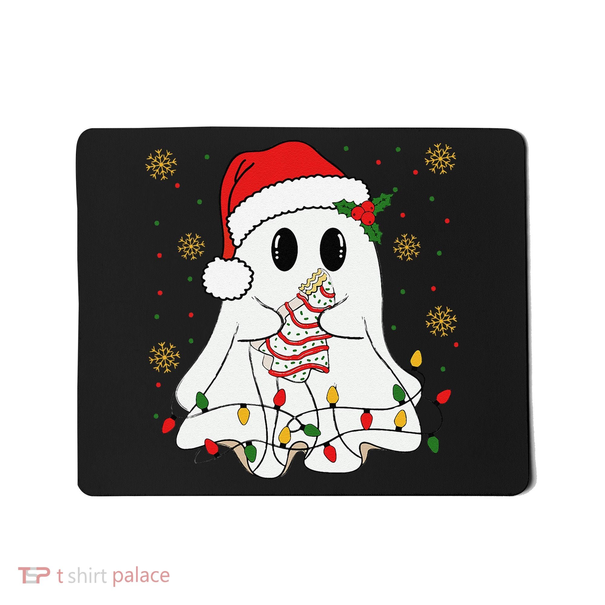 Cute Christmas Ghost Holding Tree Cake Candy Cane Xmas Light Mousepad