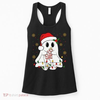 Cute Christmas Ghost Holding Tree Cake Candy Cane Xmas Light Women's Tank Top