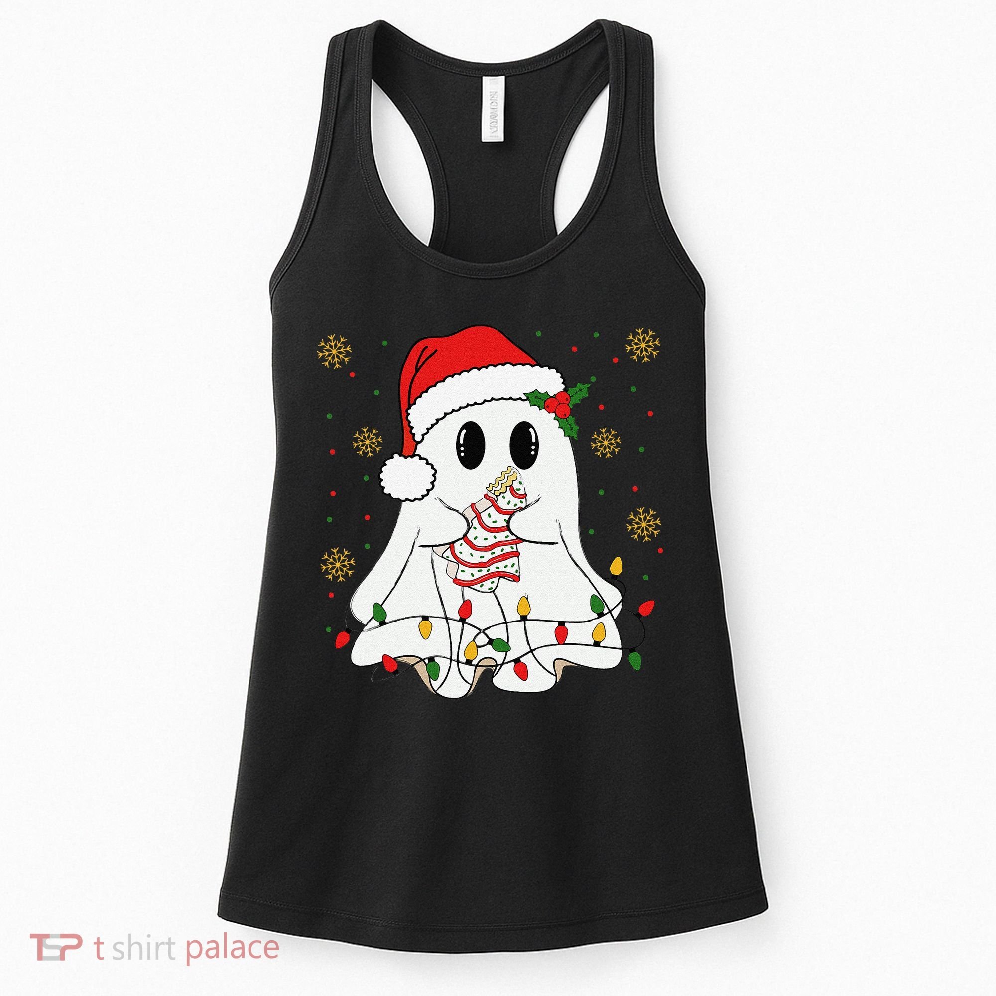 Cute Christmas Ghost Holding Tree Cake Candy Cane Xmas Light Women's Tank Top