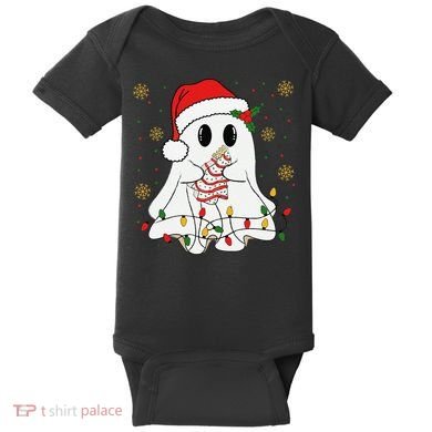 Cute Christmas Ghost Holding Tree Cake Candy Cane Xmas Light Baby Bodysuit