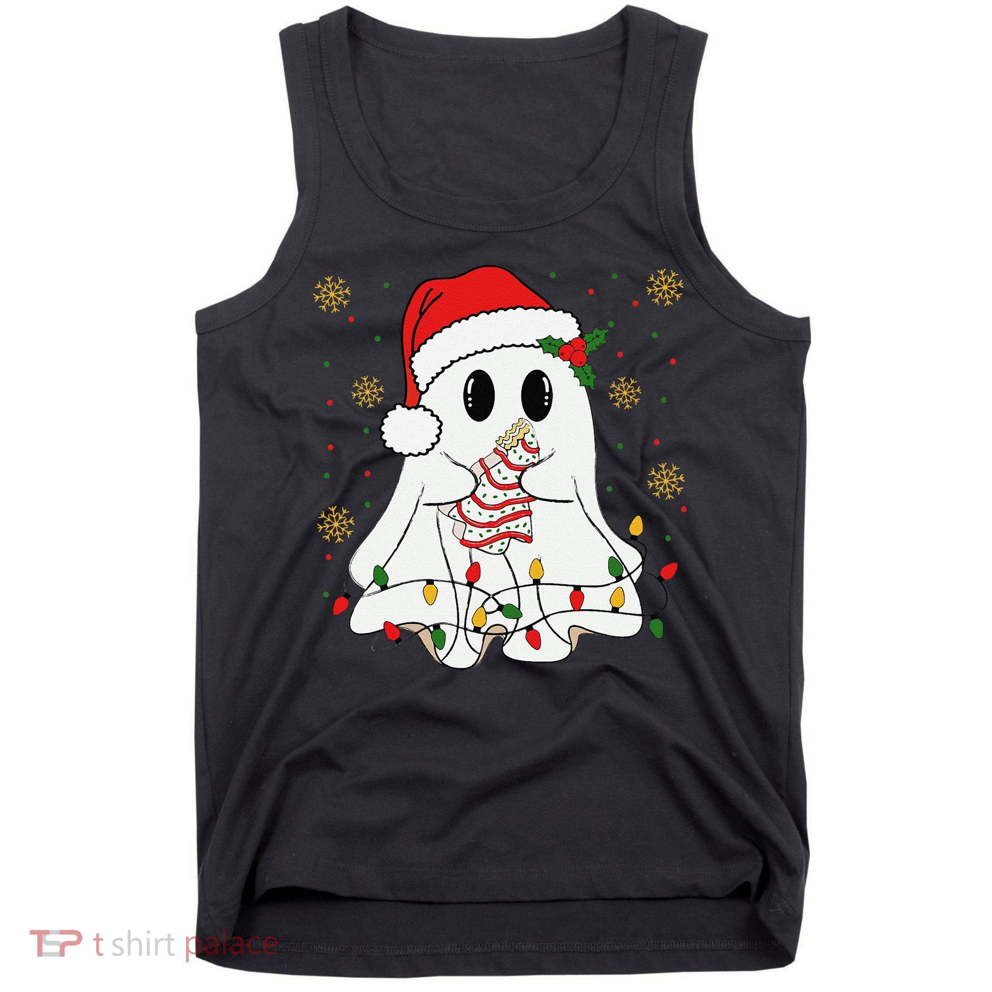 Cute Christmas Ghost Holding Tree Cake Candy Cane Xmas Light Tank Top