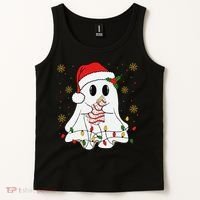 Cute Christmas Ghost Holding Tree Cake Candy Cane Xmas Light Tank Top thumb 2