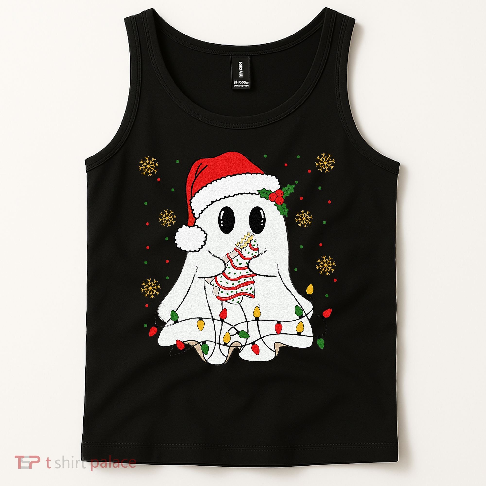 Cute Christmas Ghost Holding Tree Cake Candy Cane Xmas Light Tank Top