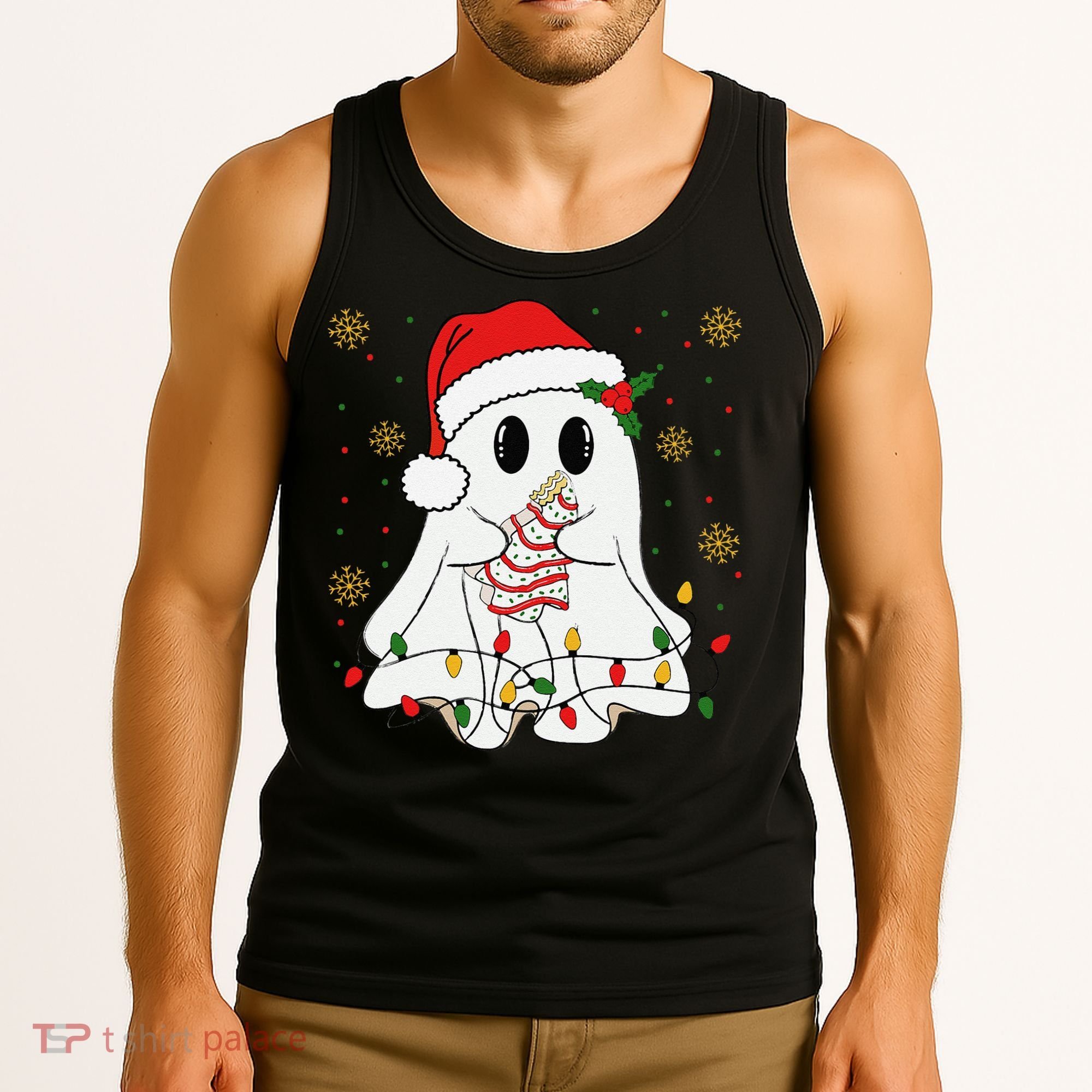 Cute Christmas Ghost Holding Tree Cake Candy Cane Xmas Light Tank Top