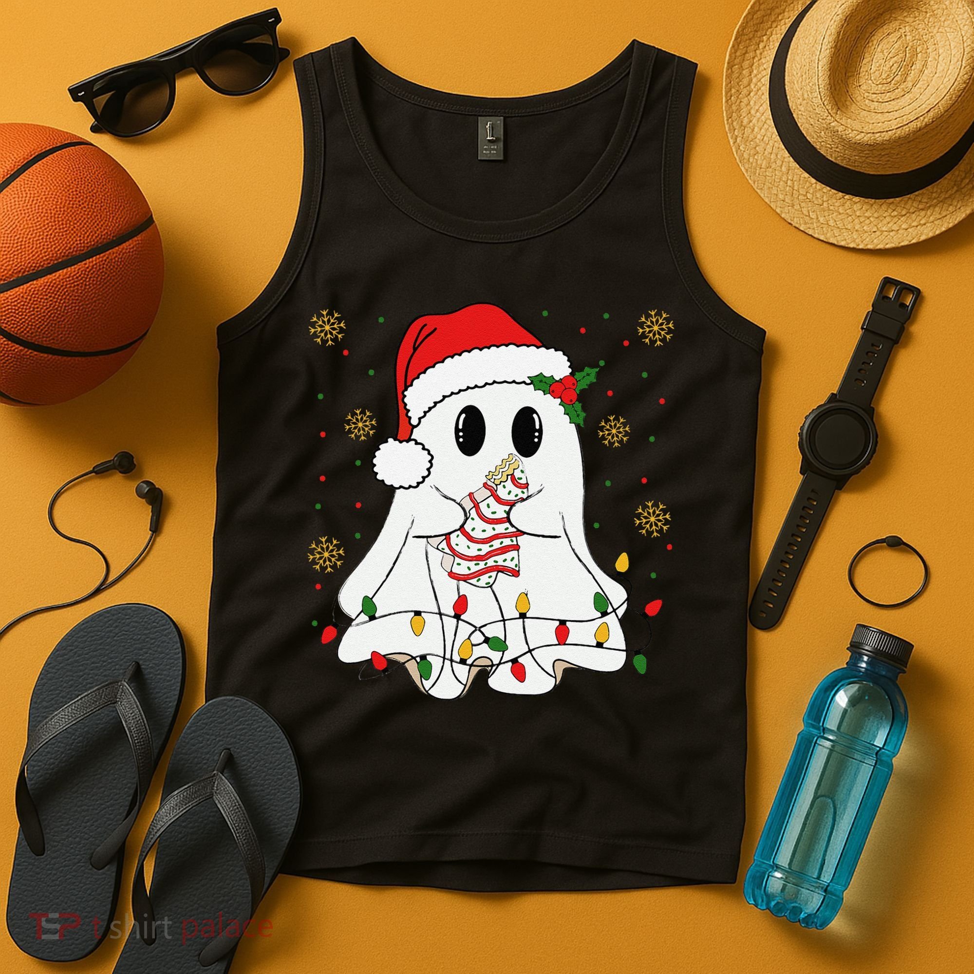 Cute Christmas Ghost Holding Tree Cake Candy Cane Xmas Light Tank Top