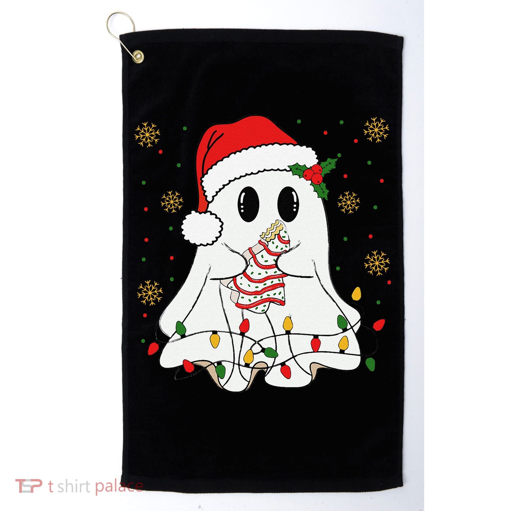 Cute Christmas Ghost Holding Tree Cake Candy Cane Xmas Light Golf Towel