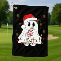 Cute Christmas Ghost Holding Tree Cake Candy Cane Xmas Light Golf Towel thumb 1