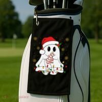 Cute Christmas Ghost Holding Tree Cake Candy Cane Xmas Light Golf Towel thumb 2