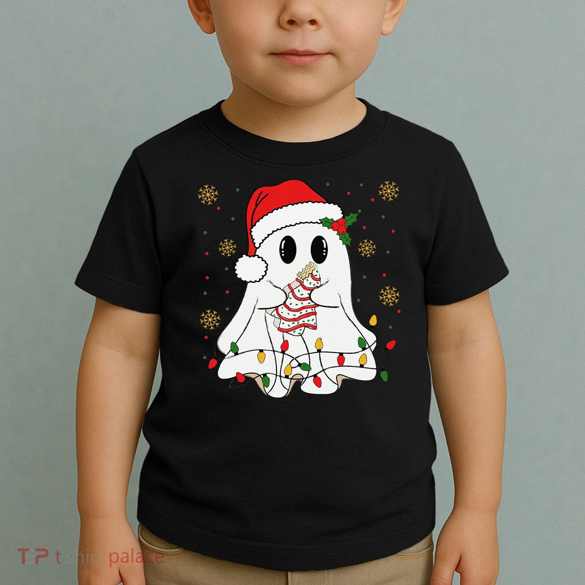 Cute Christmas Ghost Holding Tree Cake Candy Cane Xmas Light Toddler T-Shirt