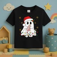 Cute Christmas Ghost Holding Tree Cake Candy Cane Xmas Light Toddler T-Shirt thumb 3