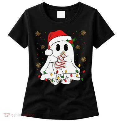 Cute Christmas Ghost Holding Tree Cake Candy Cane Xmas Light Women's T-Shirt