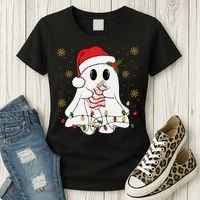 Cute Christmas Ghost Holding Tree Cake Candy Cane Xmas Light Women's T-Shirt thumb 3