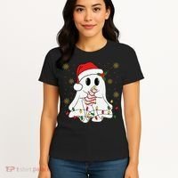 Cute Christmas Ghost Holding Tree Cake Candy Cane Xmas Light Women's T-Shirt thumb 4
