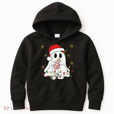 Cute Christmas Ghost Holding Tree Cake Candy Cane Xmas Light Kids Hoodie