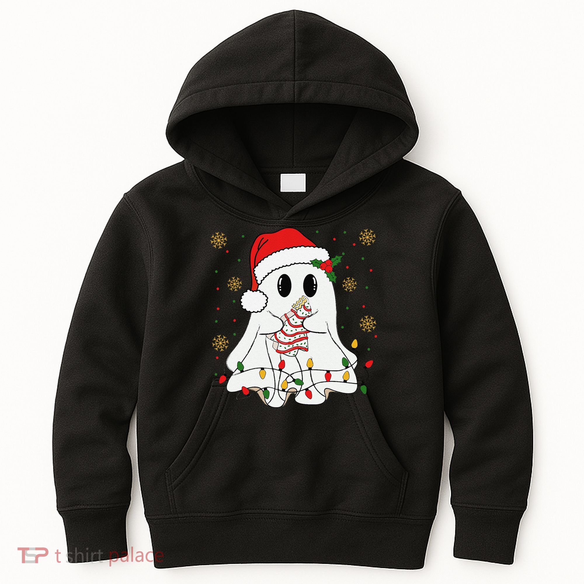 Cute Christmas Ghost Holding Tree Cake Candy Cane Xmas Light Kids Hoodie