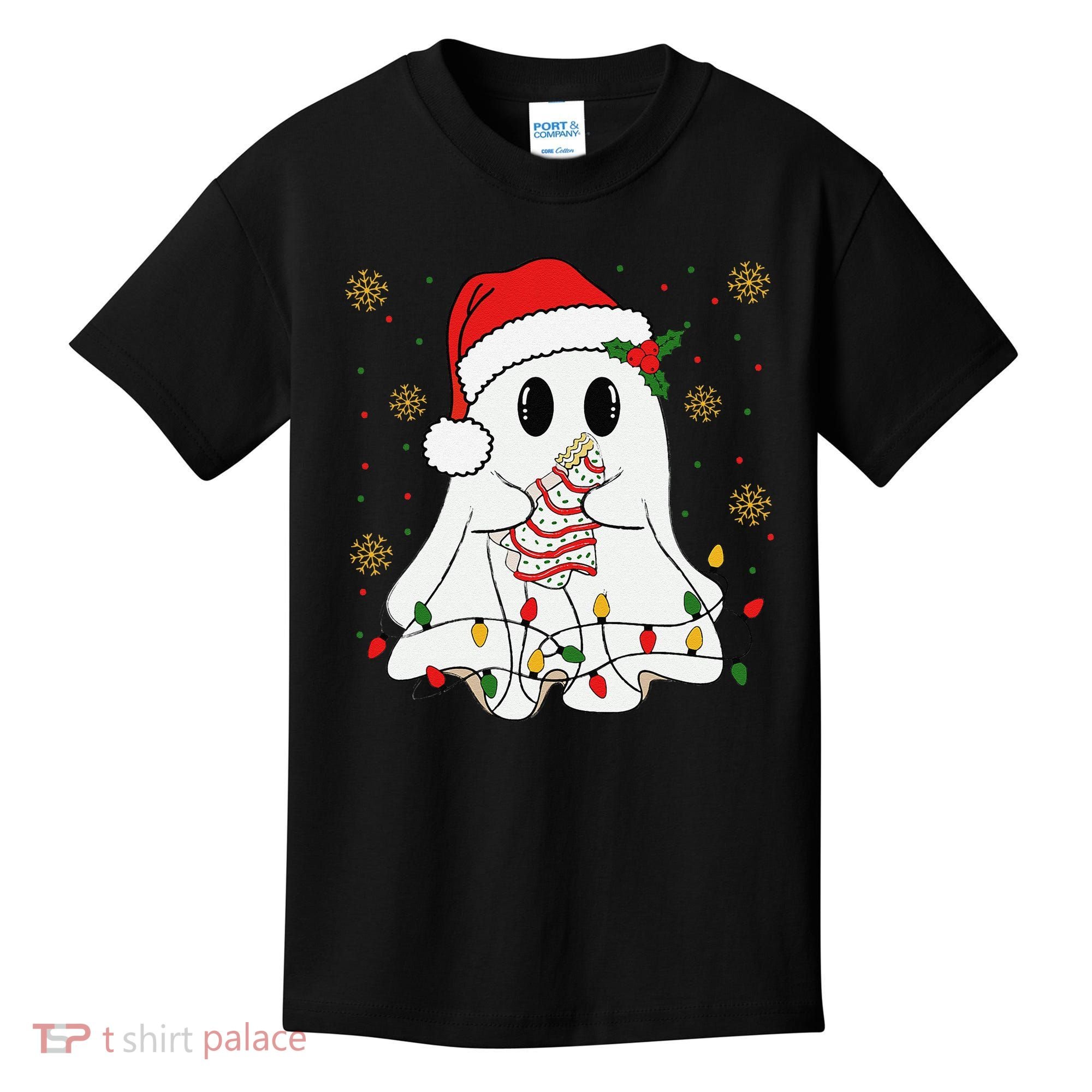 Cute Christmas Ghost Holding Tree Cake Candy Cane Xmas Light Kids T-Shirt