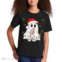 Cute Christmas Ghost Holding Tree Cake Candy Cane Xmas Light Kids T-Shirt thumb 2