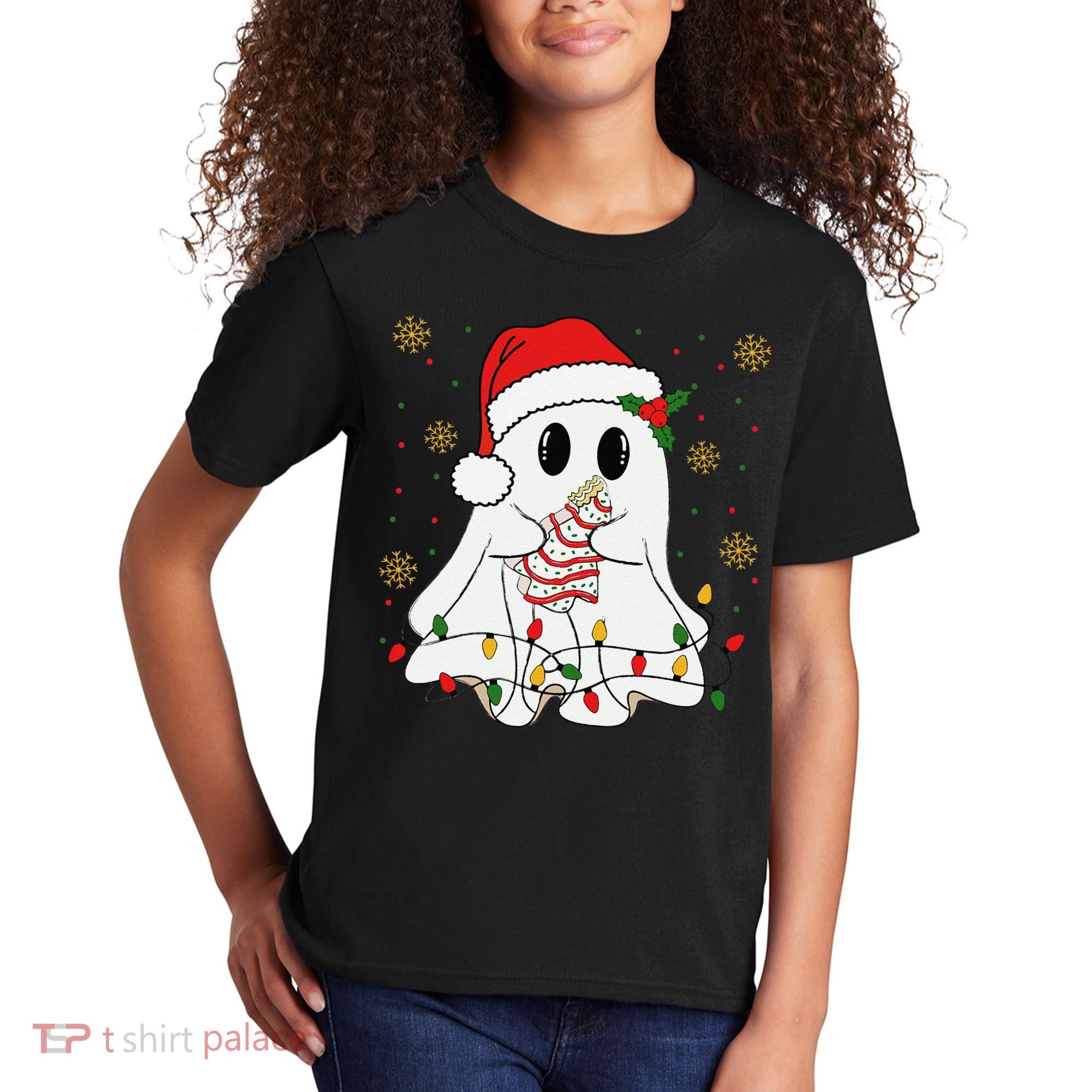 Cute Christmas Ghost Holding Tree Cake Candy Cane Xmas Light Kids T-Shirt