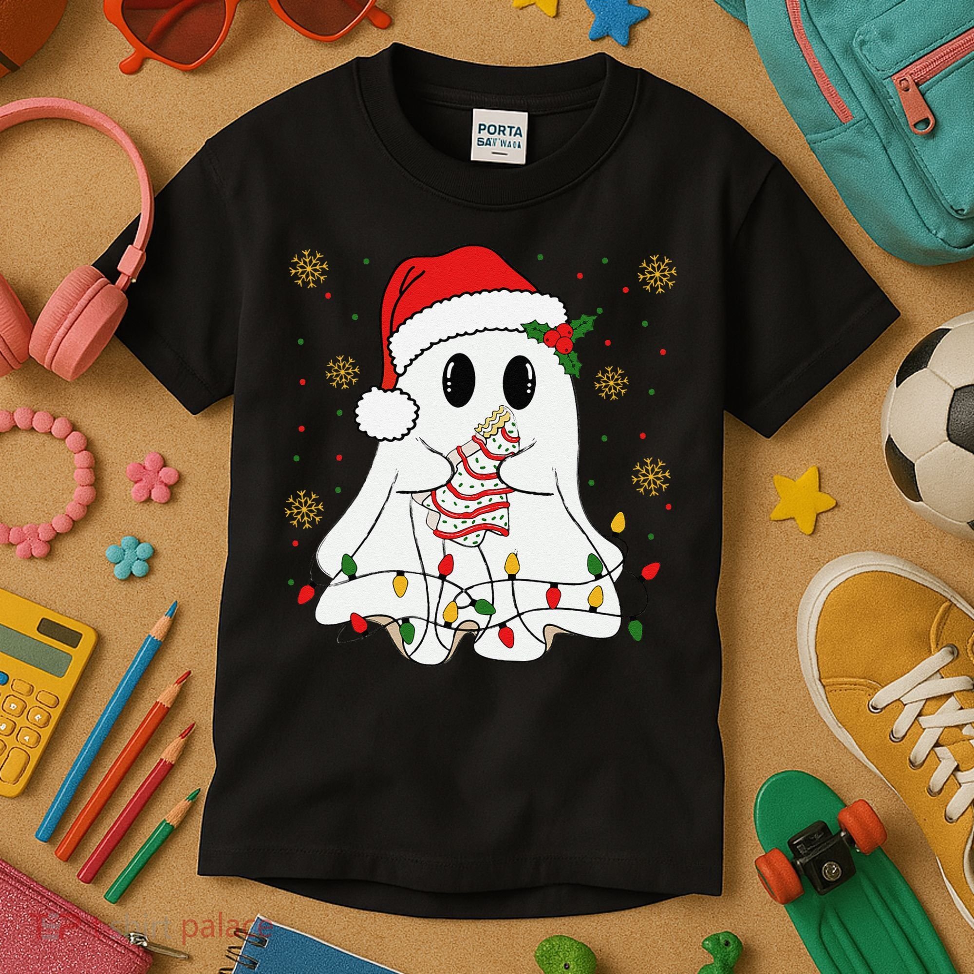Cute Christmas Ghost Holding Tree Cake Candy Cane Xmas Light Kids T-Shirt