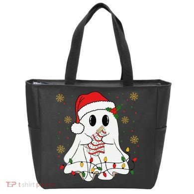 Cute Christmas Ghost Holding Tree Cake Candy Cane Xmas Light Tote Bag
