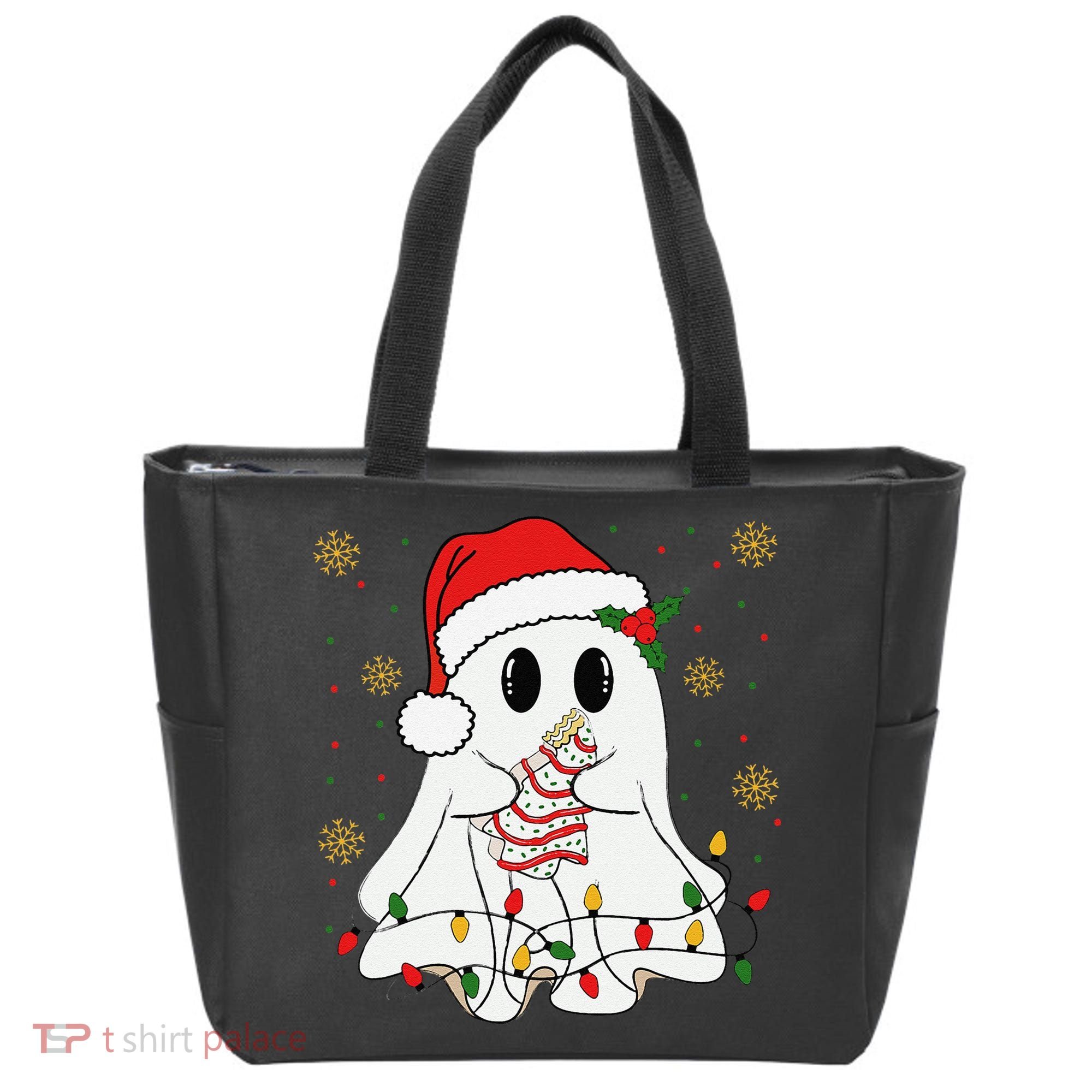 Cute Christmas Ghost Holding Tree Cake Candy Cane Xmas Light Tote Bag