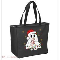 Cute Christmas Ghost Holding Tree Cake Candy Cane Xmas Light Tote Bag thumb 2
