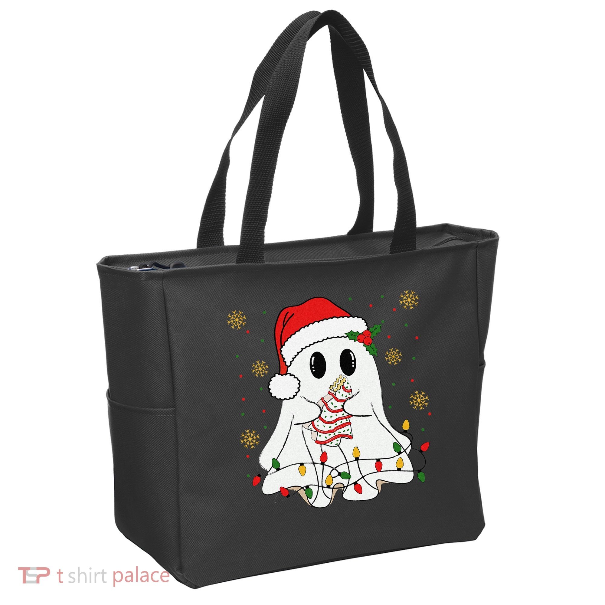Cute Christmas Ghost Holding Tree Cake Candy Cane Xmas Light Tote Bag