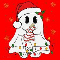 Cute Christmas Ghost Holding Tree Cake Candy Cane Xmas Light Santa Hat thumb 1