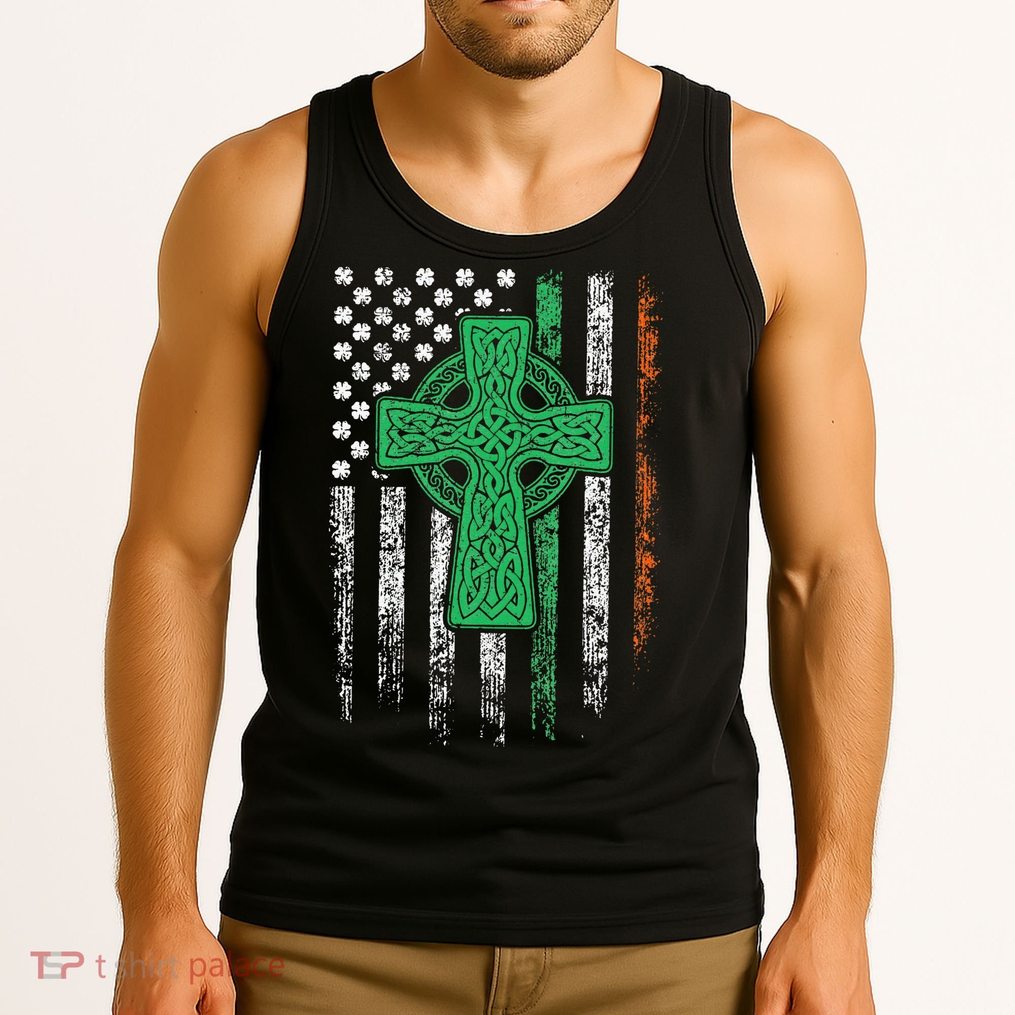 Celtic Cross Irish American Flag St. Patrick's Day Ireland Tank Top