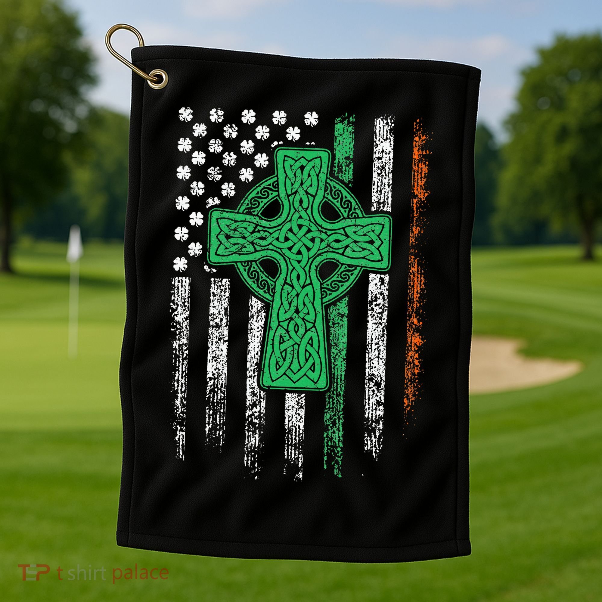 Celtic Cross Irish American Flag St. Patrick's Day Ireland Golf Towel